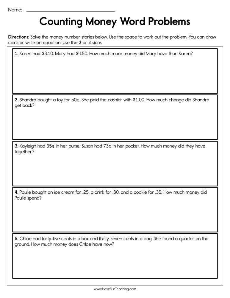 Counting Money Word Problems Worksheet  Have Fun Teaching