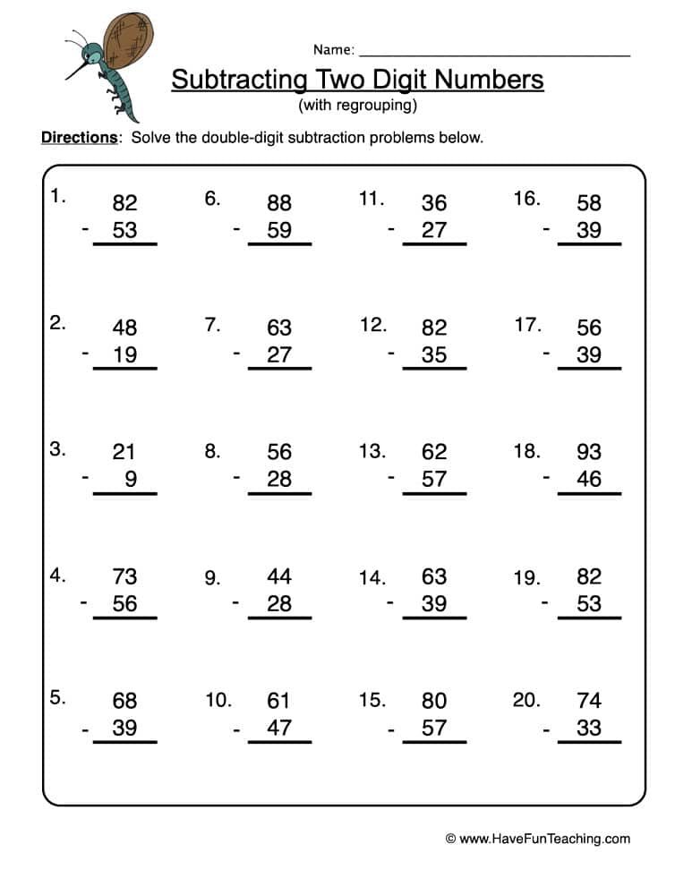 Double Digit Subtraction No Regrouping Worksheet  Have Fun Teaching