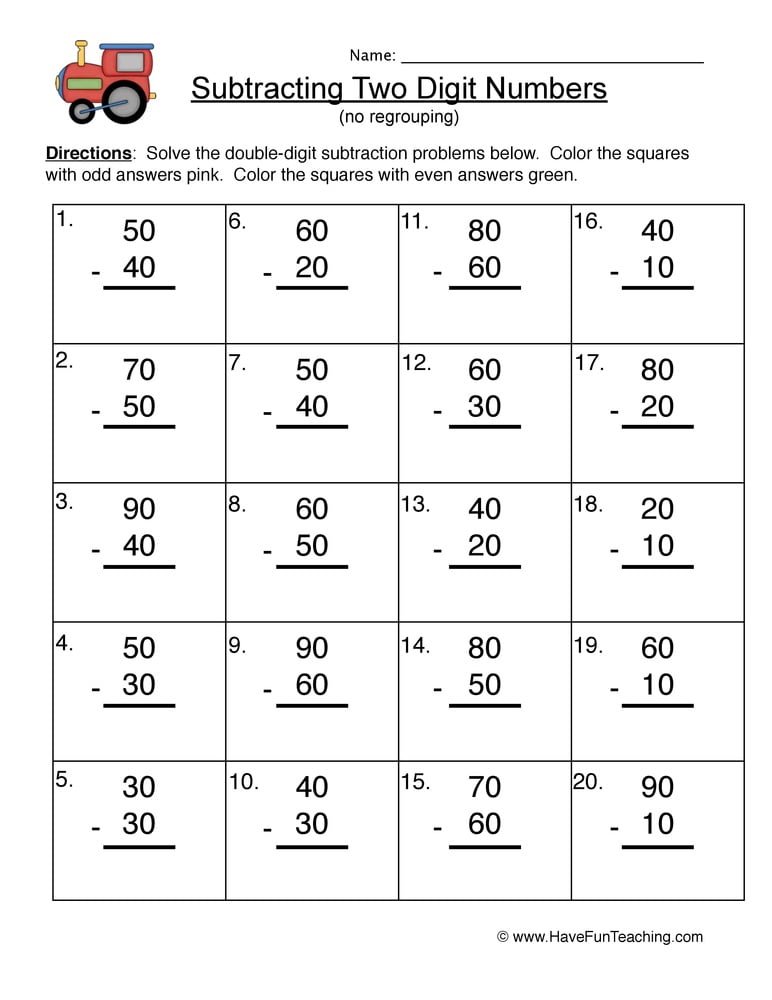 Double Digit Subtraction Without Regrouping Worksheet