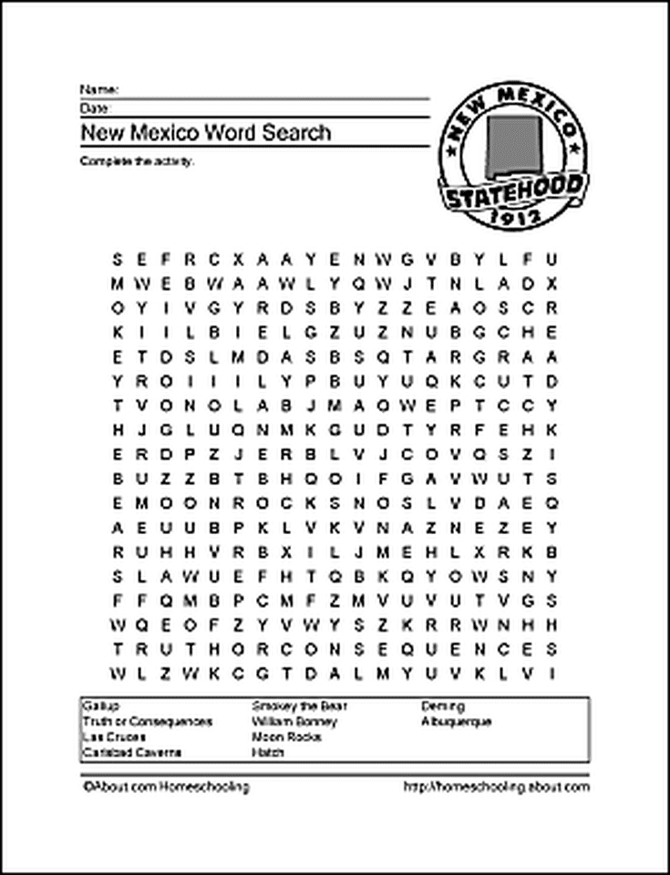 New Mexico Wordsearch  Crossword Puzzle  And More