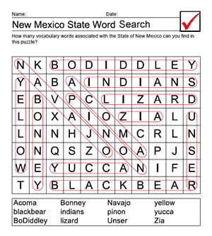 Printable New Mexico Word Search Answer Sheet