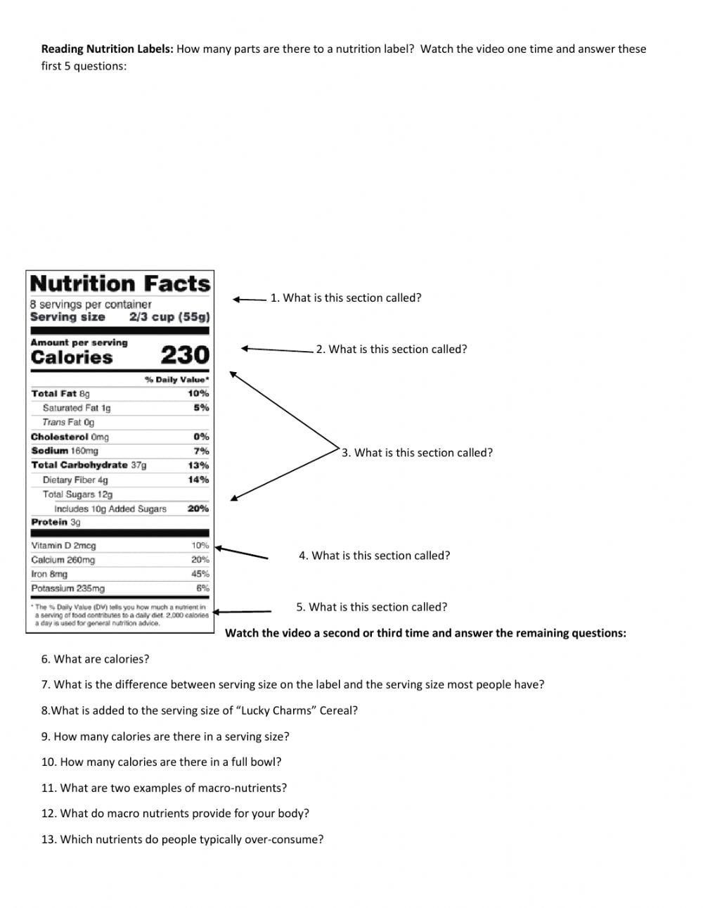 Reading Nutrition Labels Worksheet