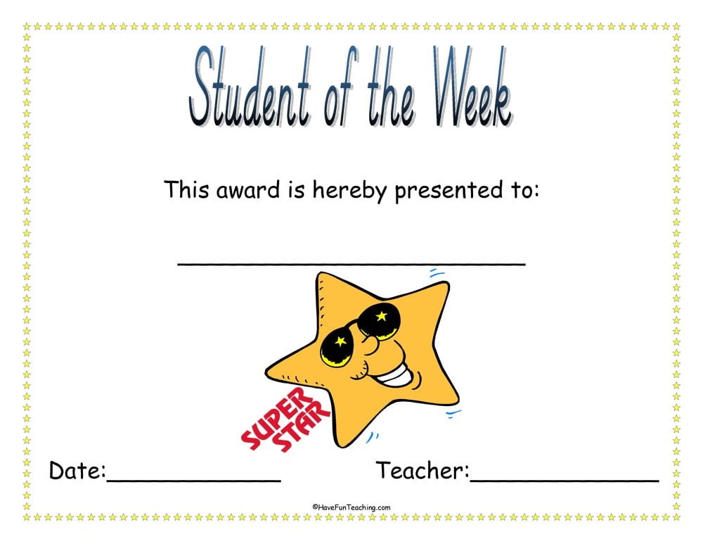 Student Of The Week Reward Certificate  Have Fun Teaching