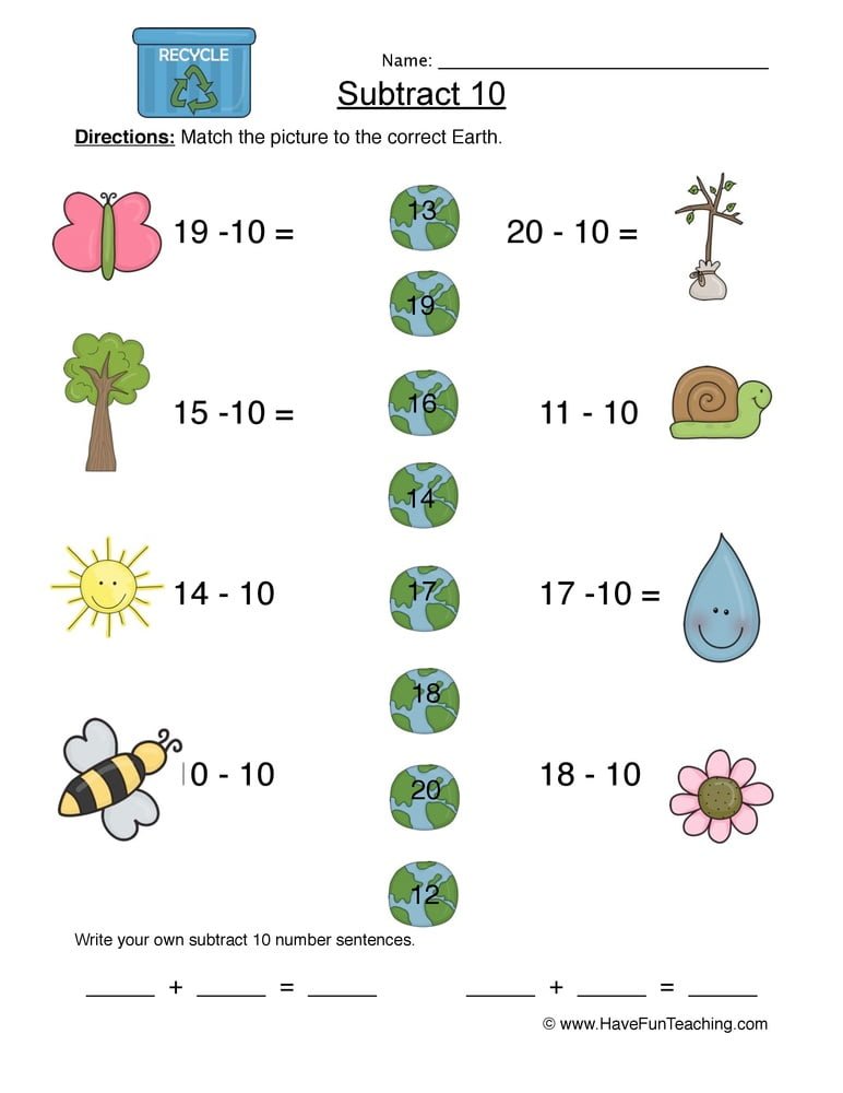 Subtract Ten Matching Worksheet  Have Fun Teaching