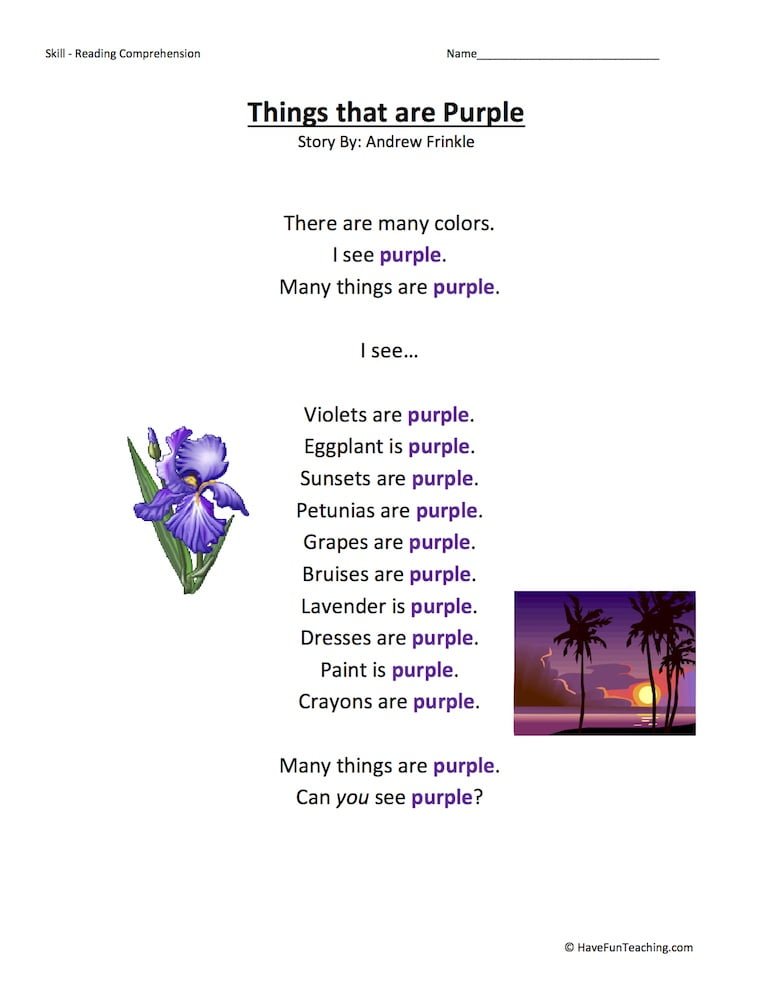 Things That Are Purple Reading Comprehension Worksheet  Have Fun