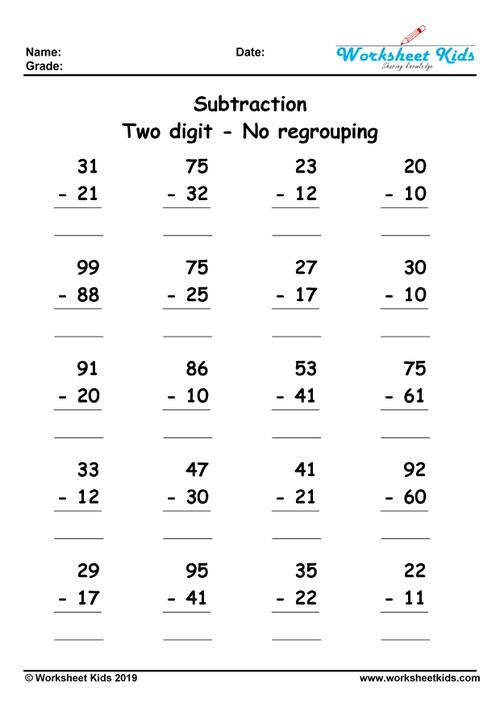 Two Digit Subtraction Without Regrouping Worksheets