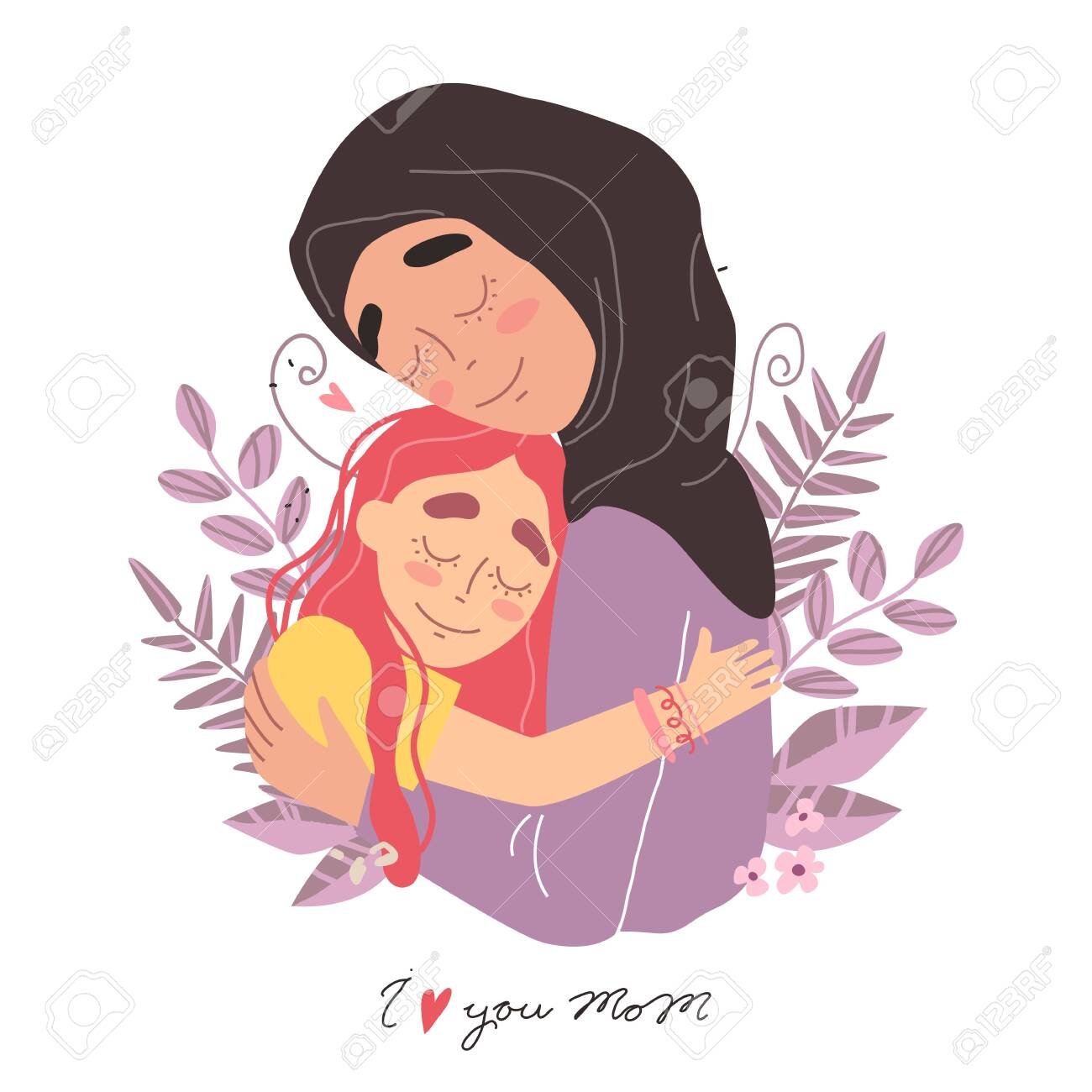 Arabic Happy Family Mothers Day Greeting Card Mom And Girl Are