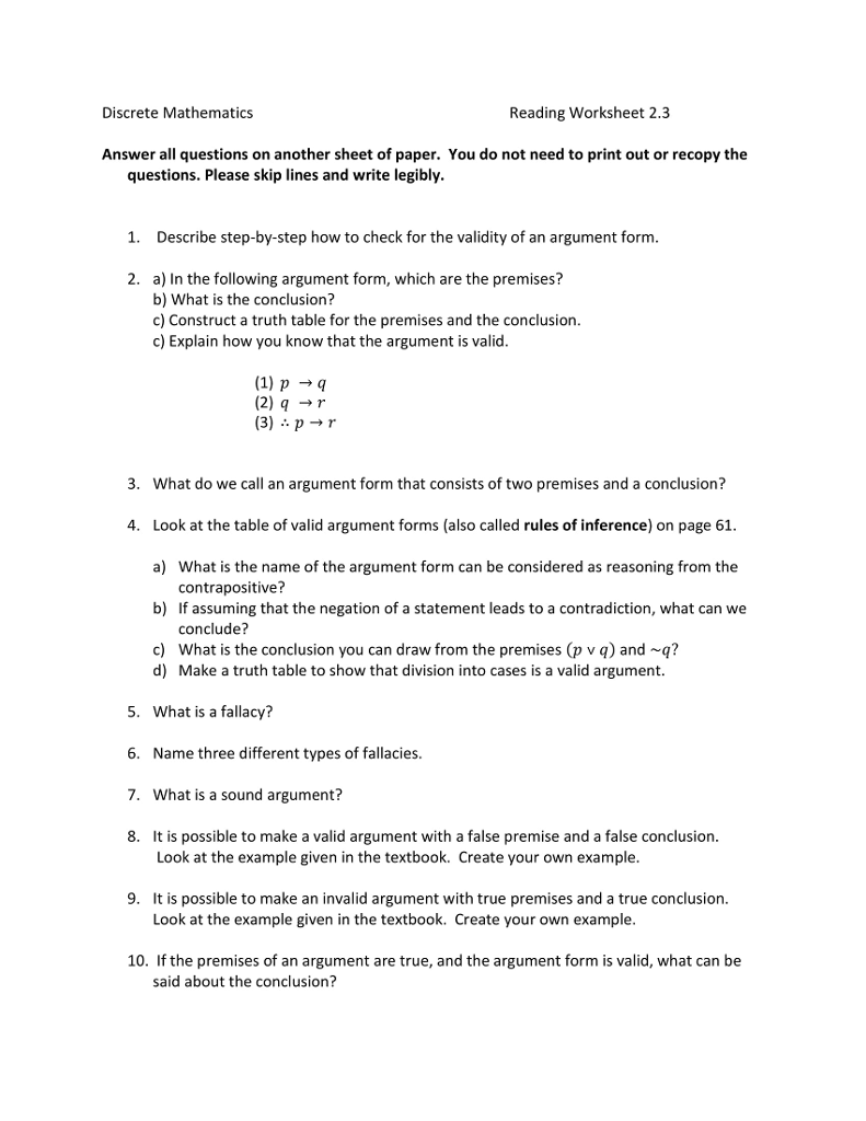 Discrete Mathematics Reading Worksheet  Answer All