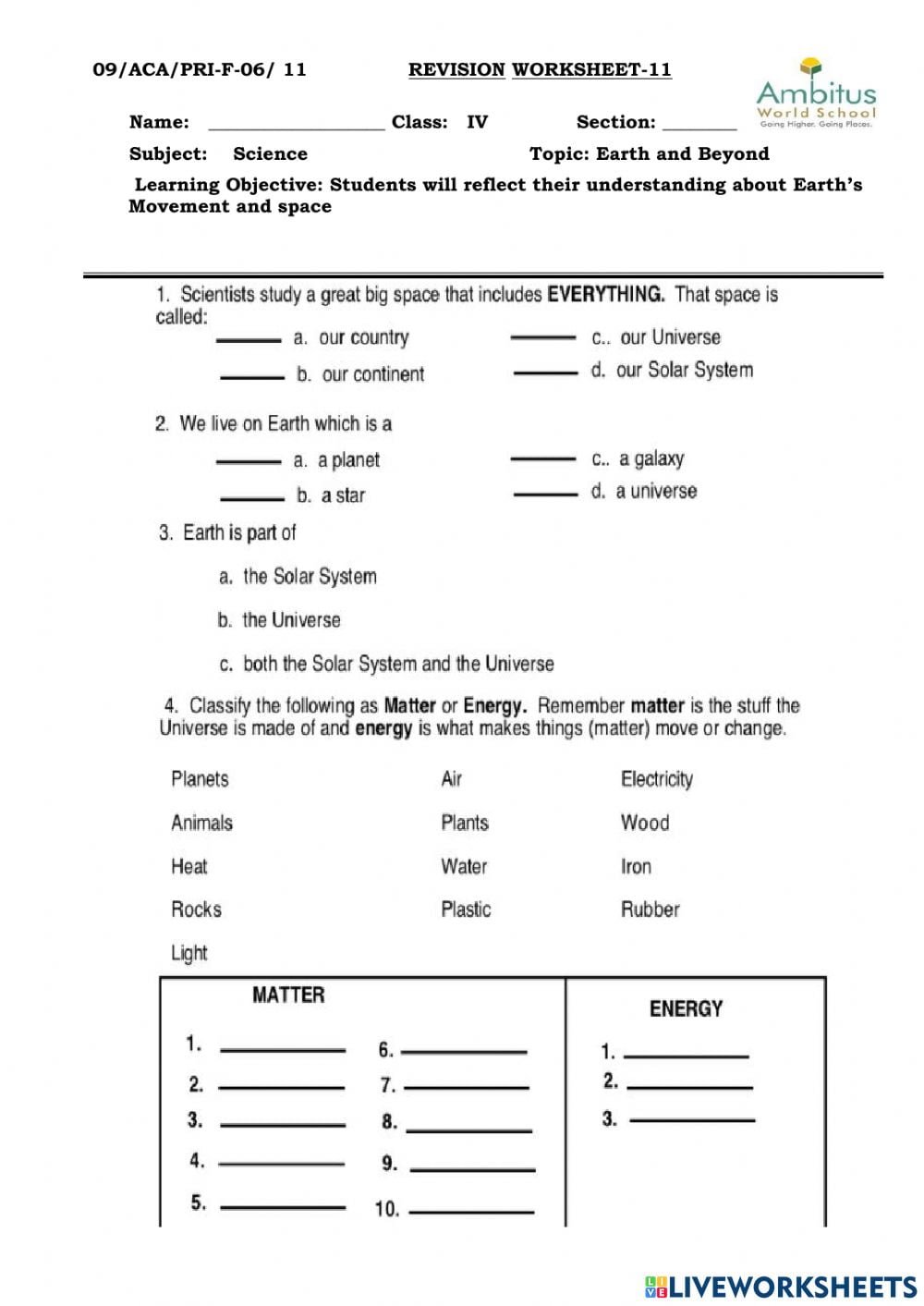 Earth And Beyond Worksheet