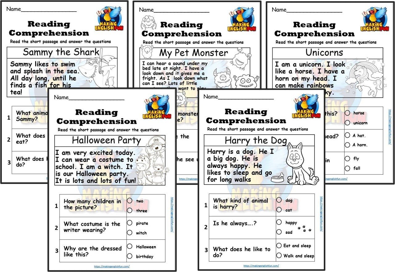 Free Kindergarten Reading Comprehension Cards And Colouring