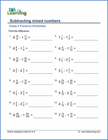 Grade  Fractions Worksheets Subtracting Mixed Numbers