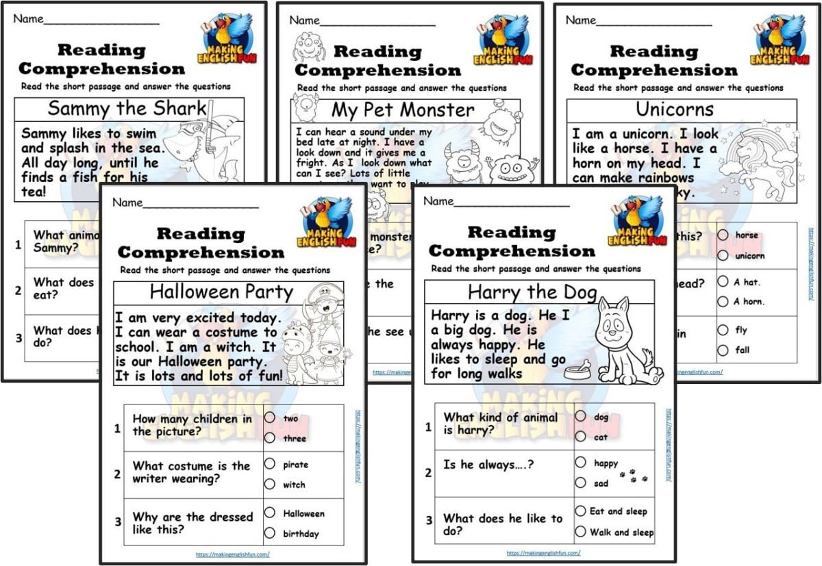 Kindergarten Reading Comprehension And Coloring Cards