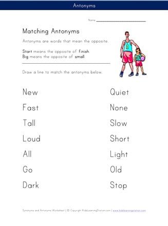 Matching Antonyms Worksheet