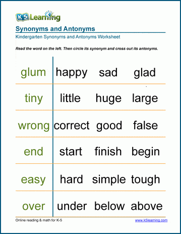 Matching Synonyms And Antonyms Worksheets