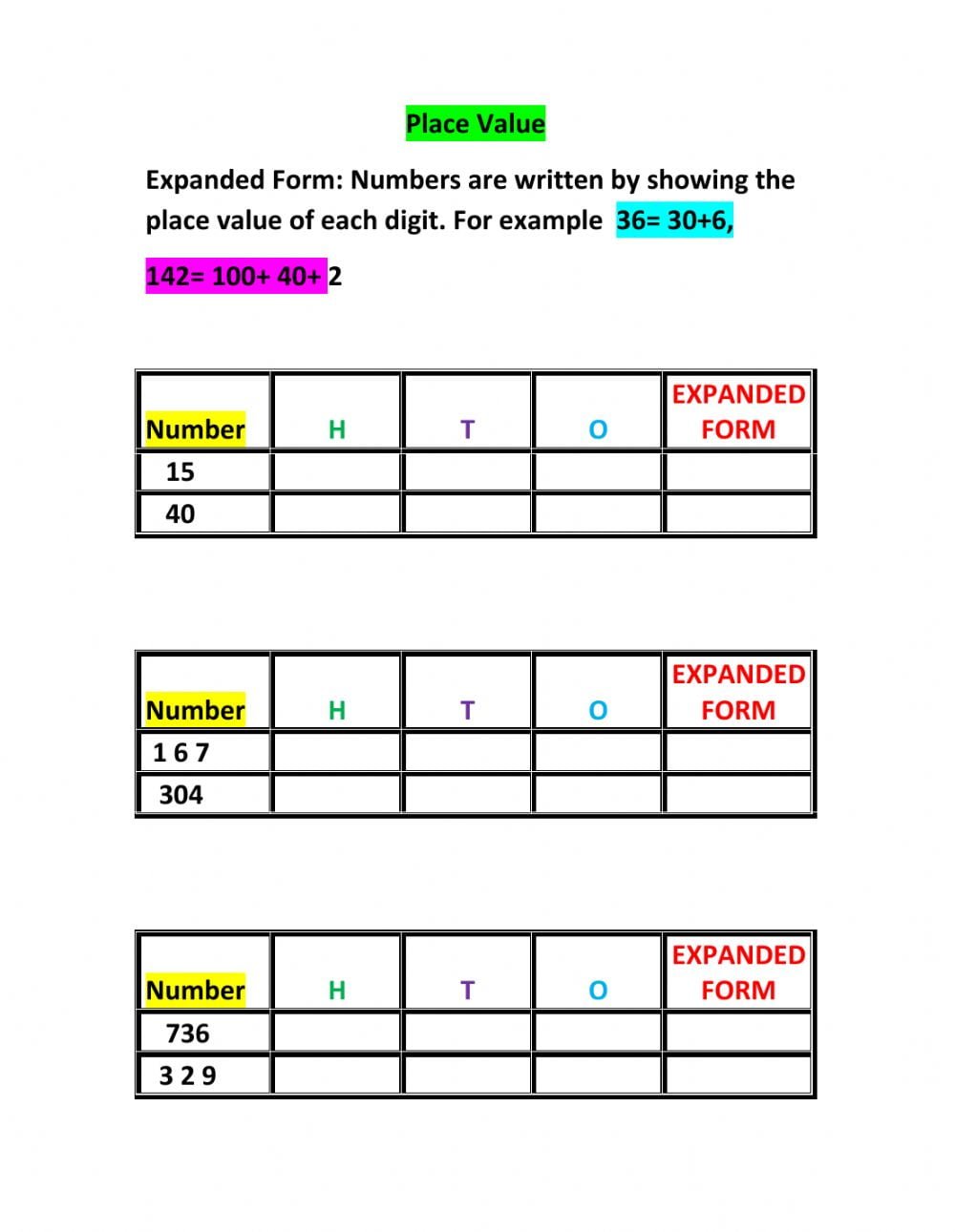 Place Value And Expanded Form Interactive Worksheet