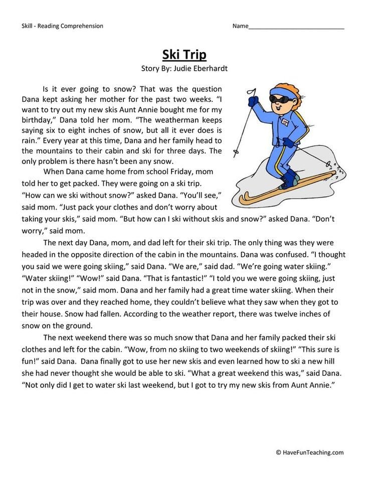 Ski Trip Reading Comprehension Worksheet