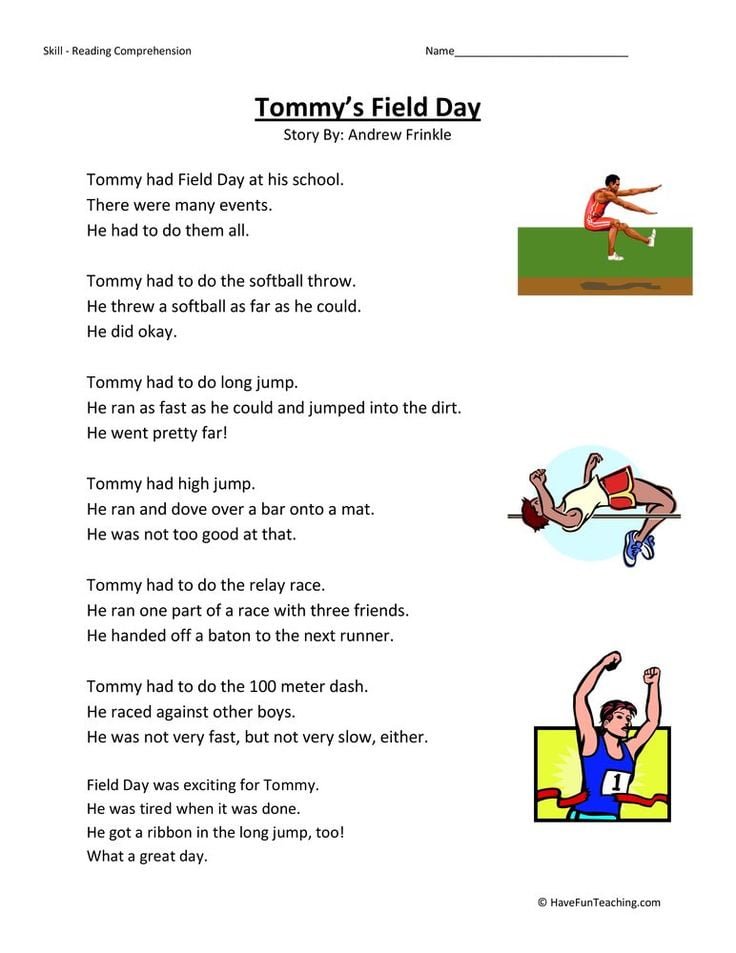 Tommys Field Day Reading Comprehension Worksheet