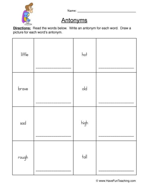 Antonyms Drawing Pictures Worksheet