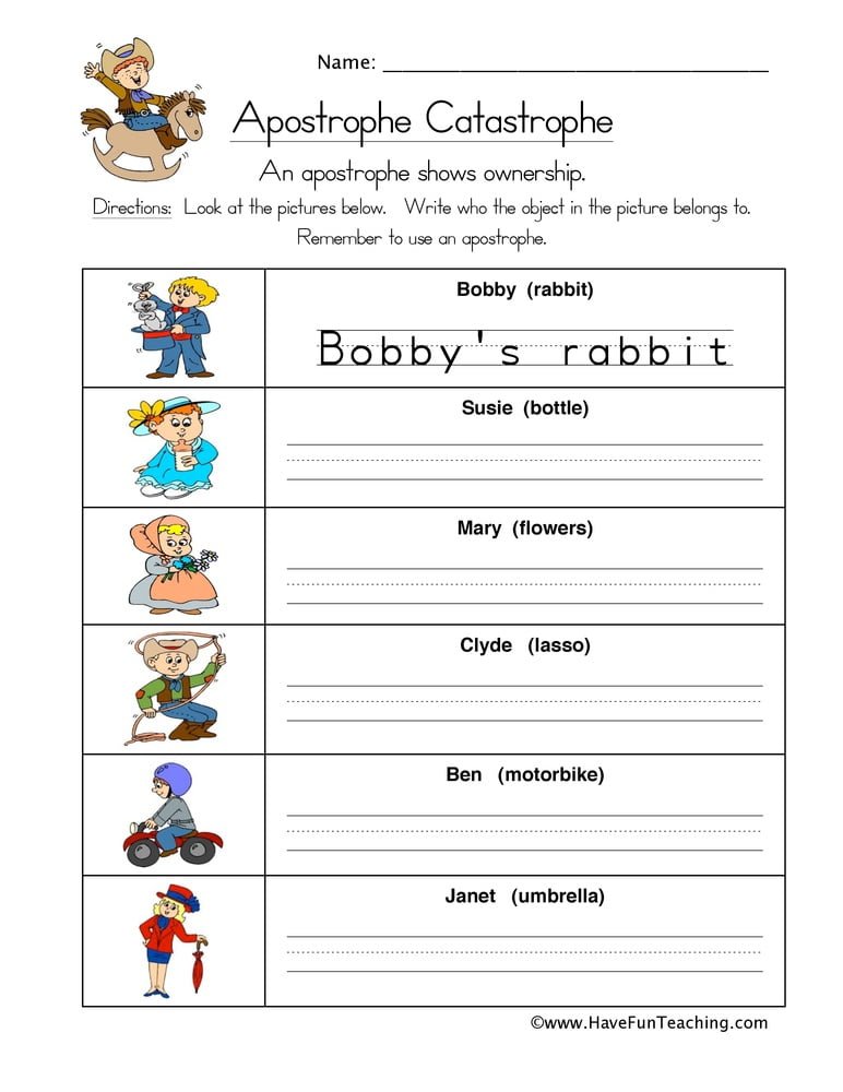 Apostrophe With Possessives Worksheet