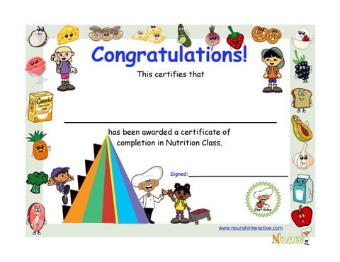Certificate Of Completion In Nutrition Education Class For Kids