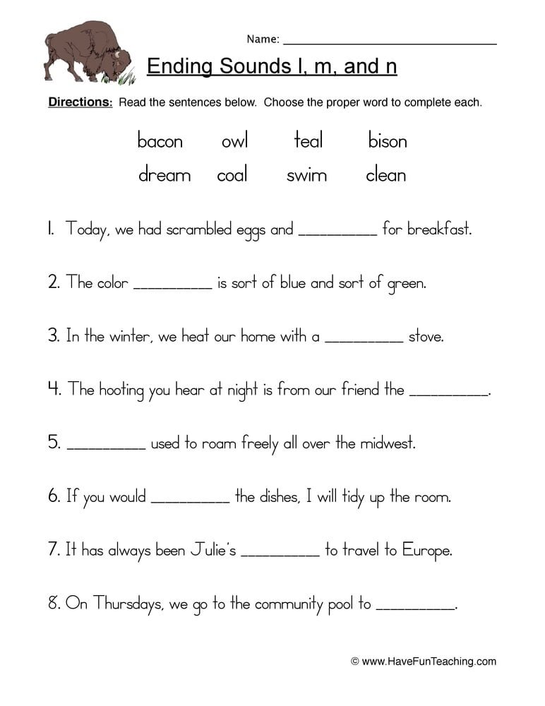 Ending Sounds L M N Sentences Worksheet