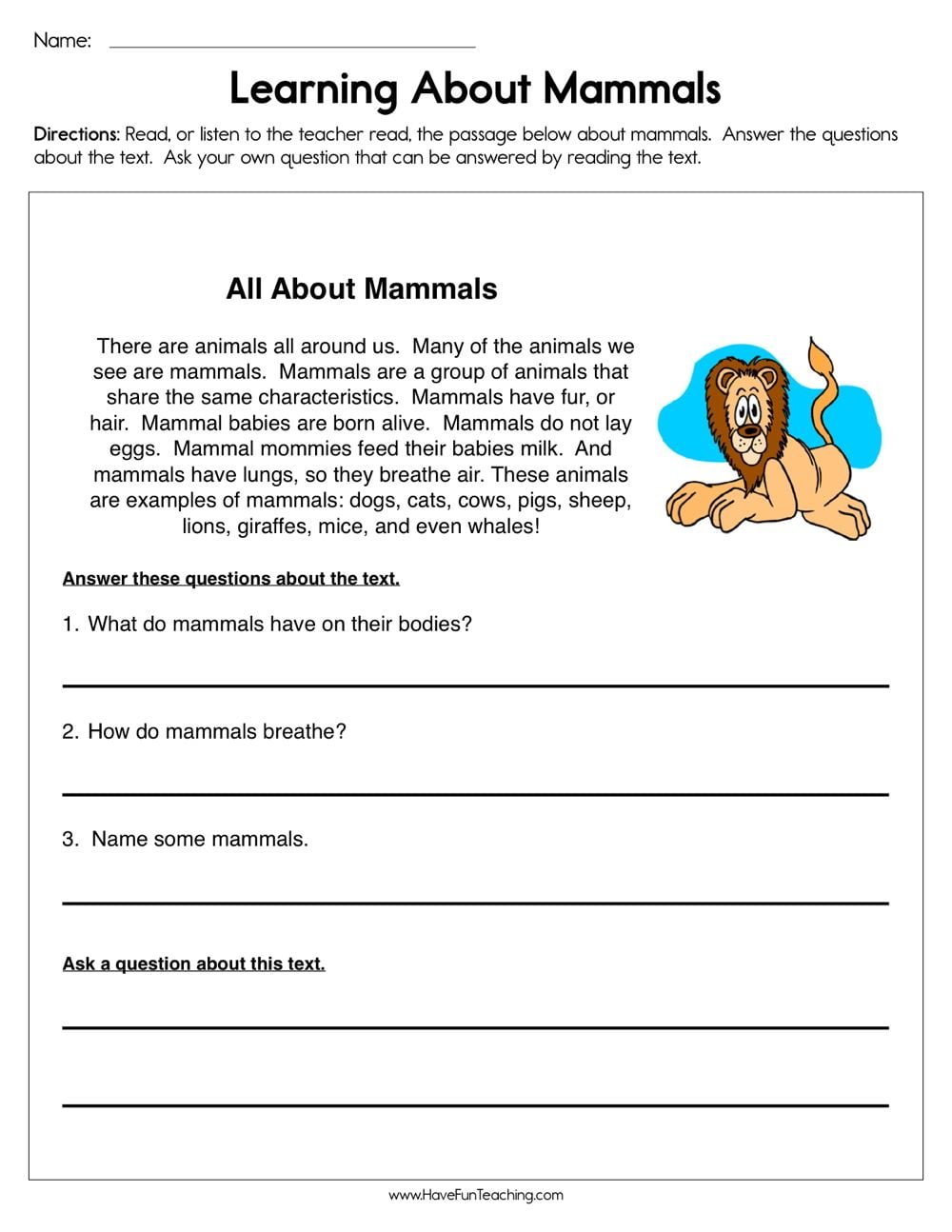 Learning About Mammals Worksheet