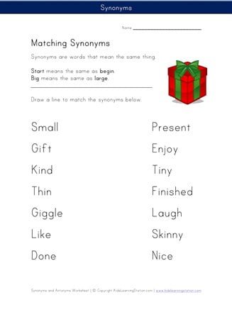 Matching Synonyms Worksheet