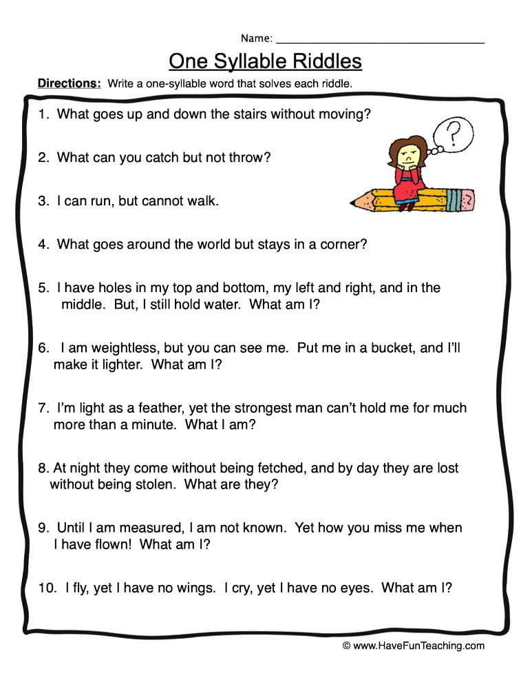 One Syllable Riddles Worksheet