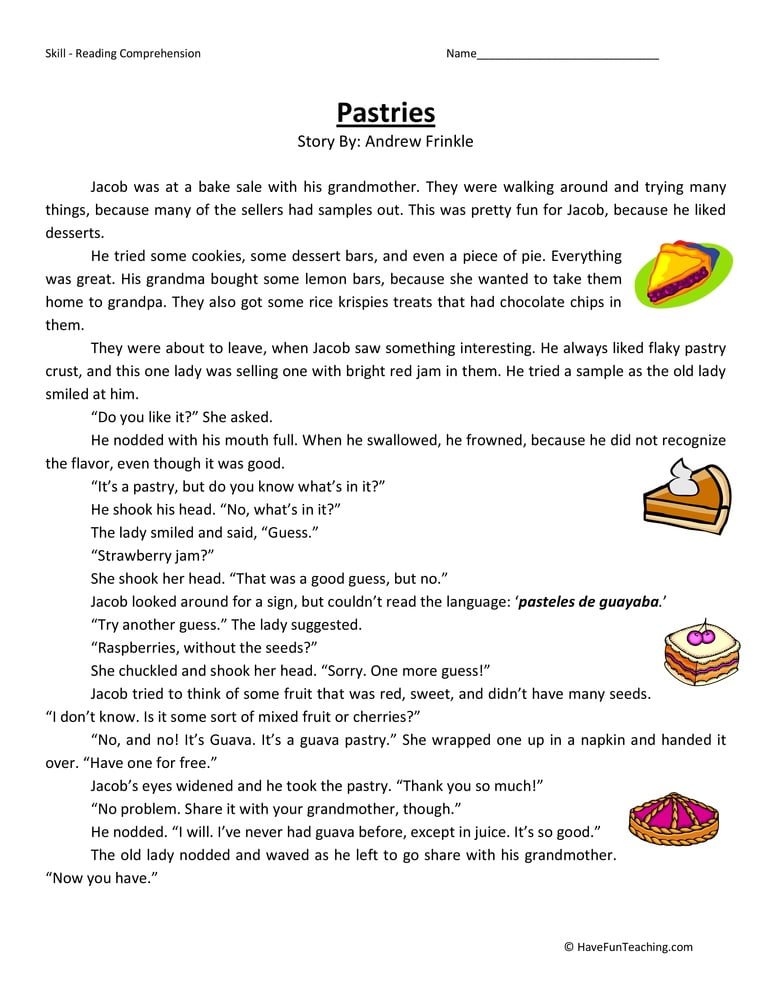 Pastries Reading Comprehension Worksheet