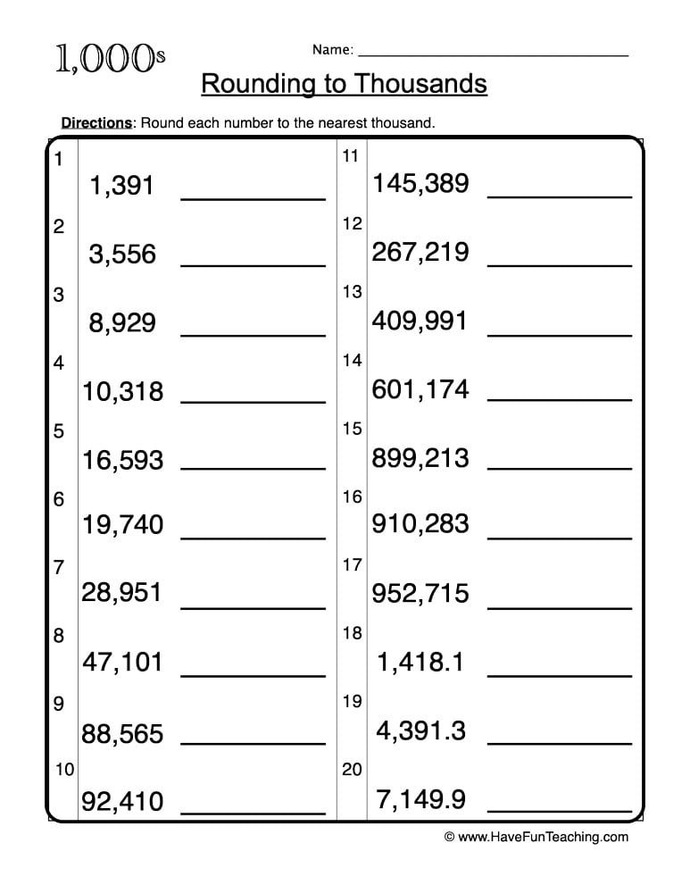 Rounding To Thousands Worksheet