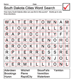 South Dakota Cities Word Search Answer Sheet
