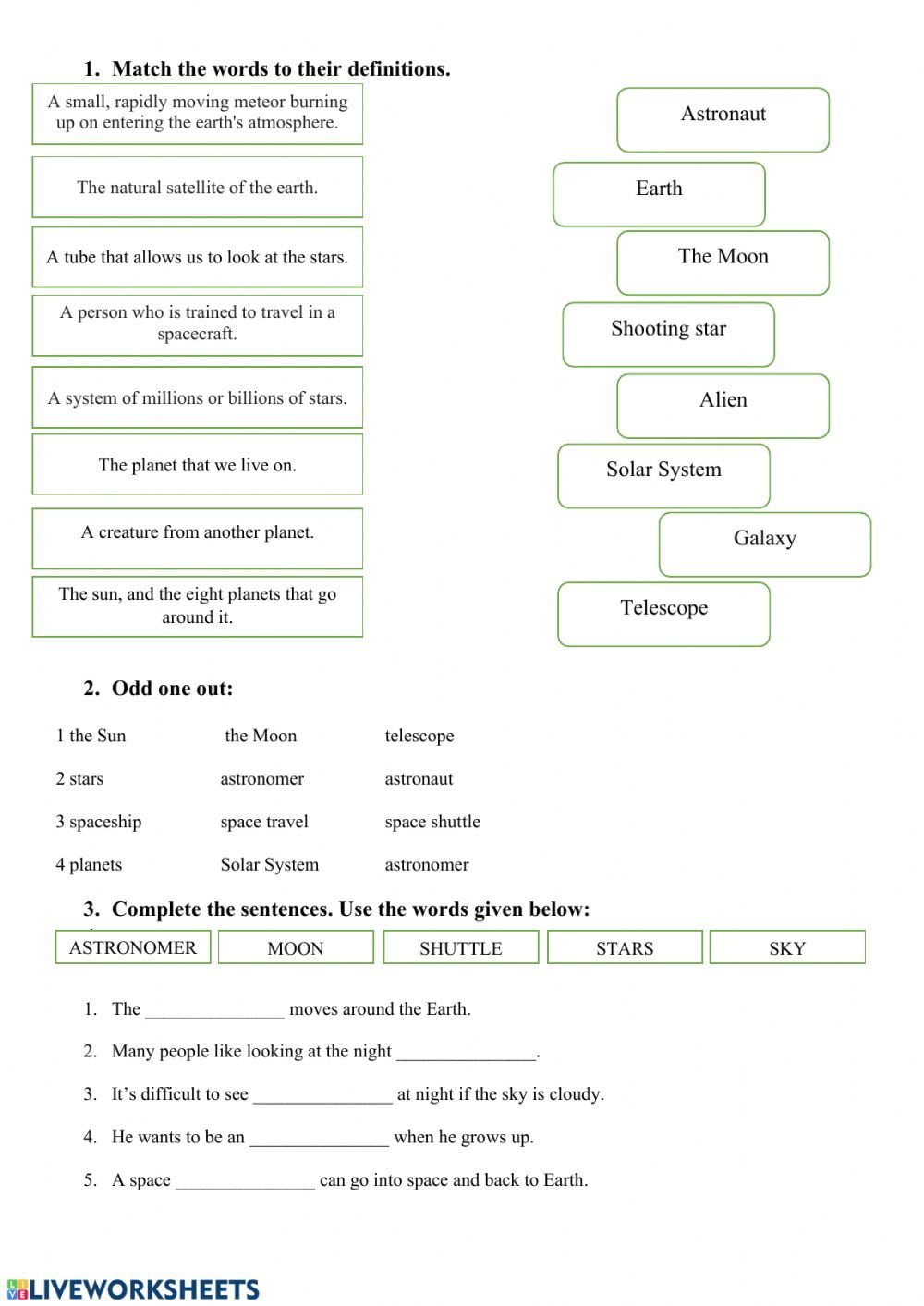 Space Vocabulary Worksheet
