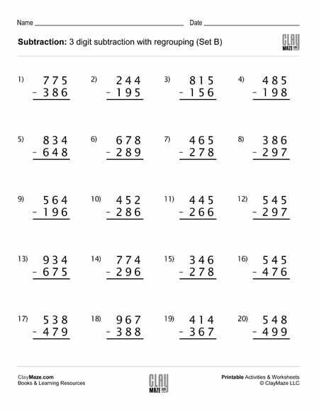 Subtraction Worksheet   Digit Subtraction With Regrouping Set B