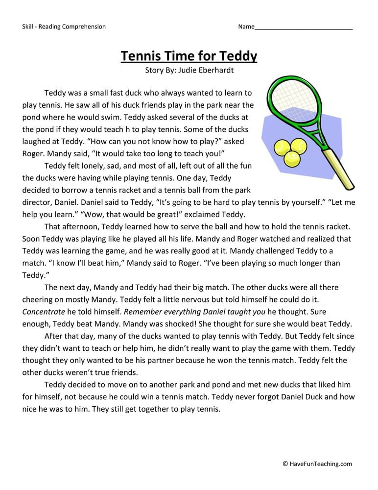 Tennis Time For Teddy Reading Comprehension Worksheet