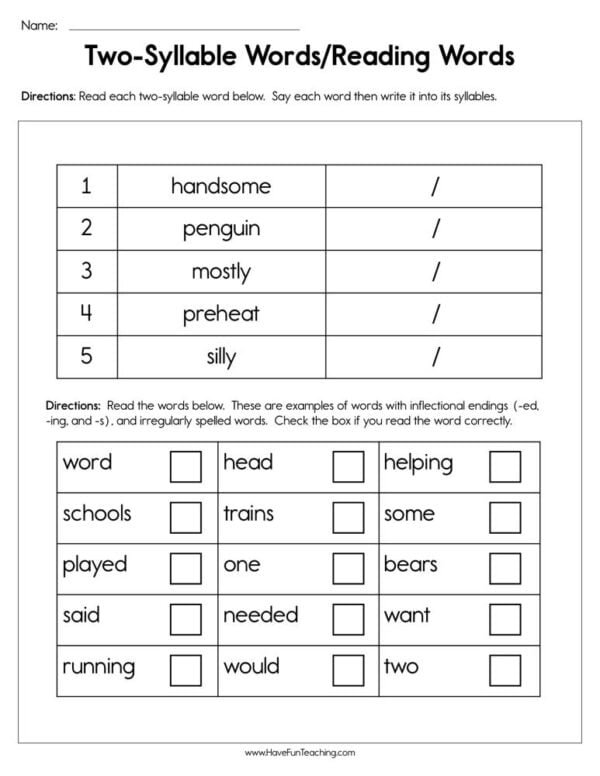 Two Syllable Words Reading Words Worksheet
