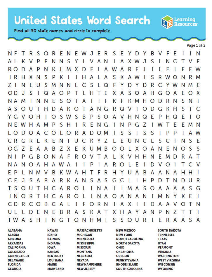 Word Search Printable Find All  States