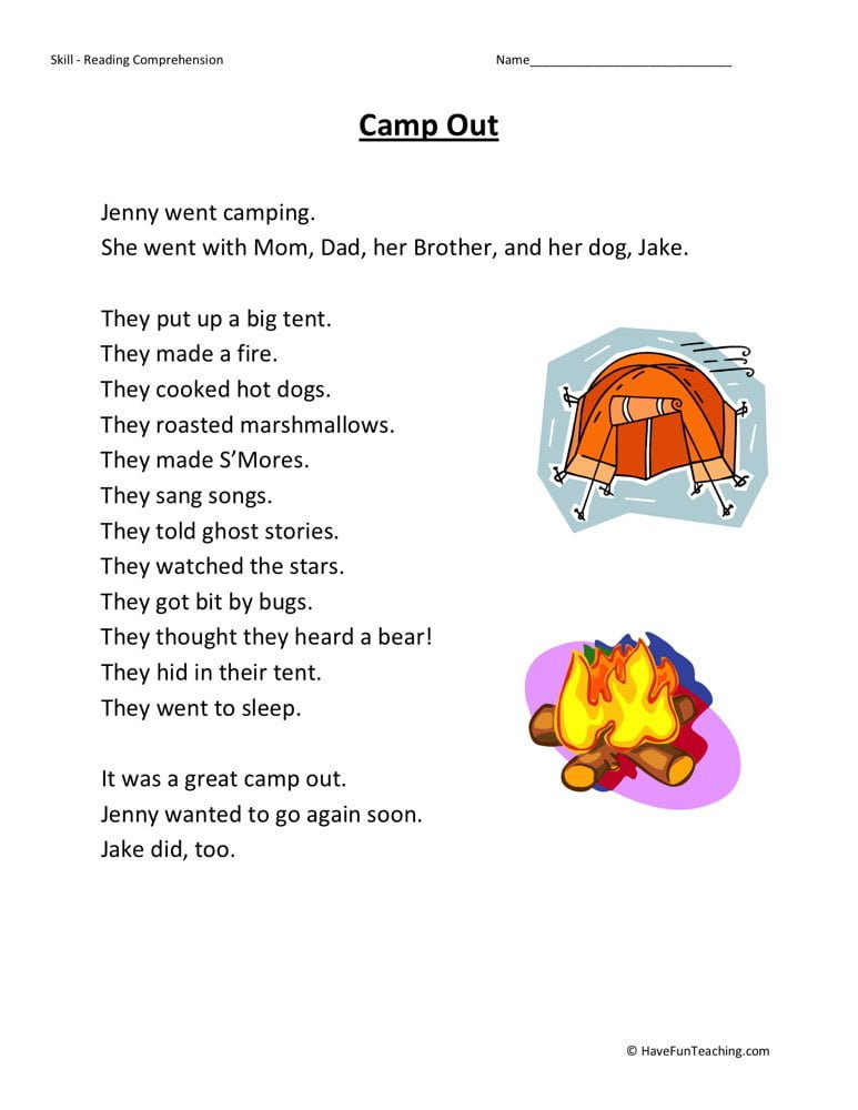 Camp Out Reading Comprehension Worksheet