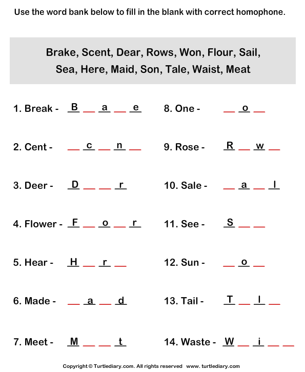 Complete The Homophones By Finding Missing Letters Worksheet