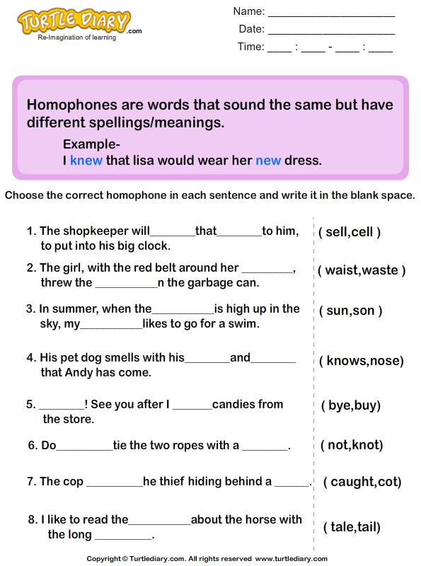 Finding Homophones In The Sentences Worksheet