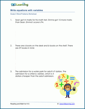 Grade  Word Problems With Equations And Variables