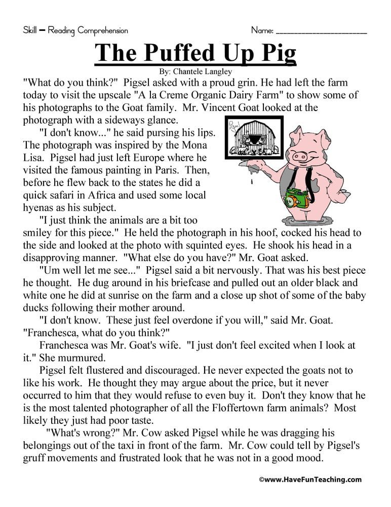 The Puffed Up Pig Reading Comprehension Worksheet