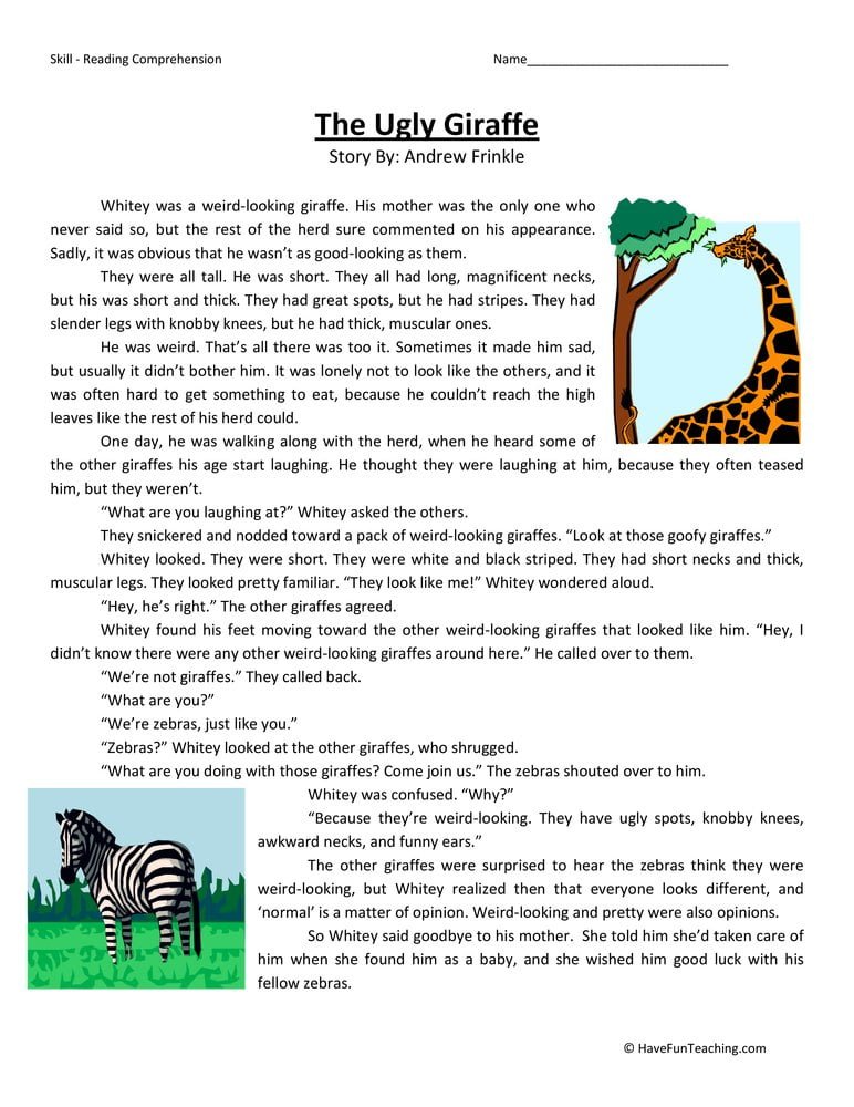 The Ugly Giraffe Reading Comprehension Worksheet