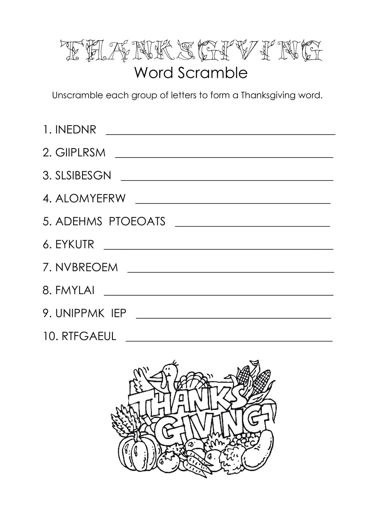 Word Scramble Worksheets Thanksgiving