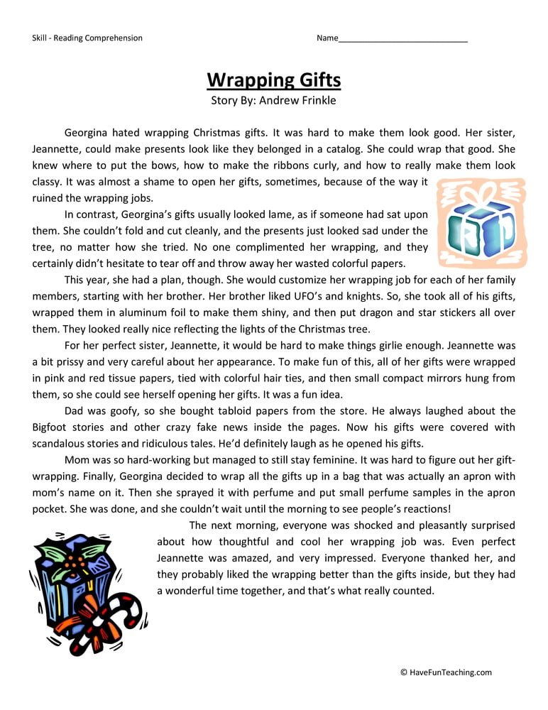 Wrapping Presents Reading Comprehension Worksheet