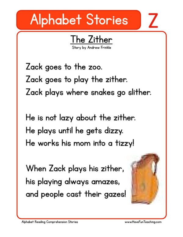 Alphabet Stories Letter Z Reading Comprehension Worksheet