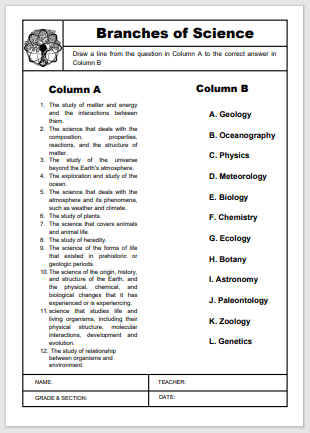 Branches Of Science Matching Worksheet