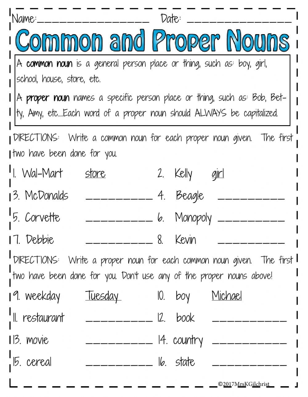 Common And Proper Nouns Examples Worksheet