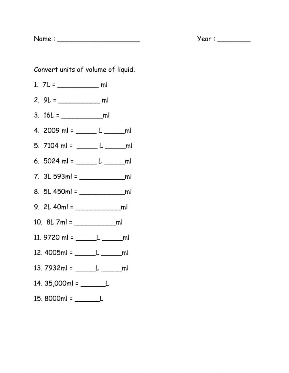 Convert Units Of Volume Of Liquid Worksheet