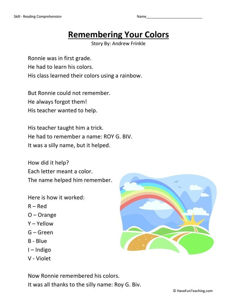 Remembering Your Colors Reading Comprehension Worksheet