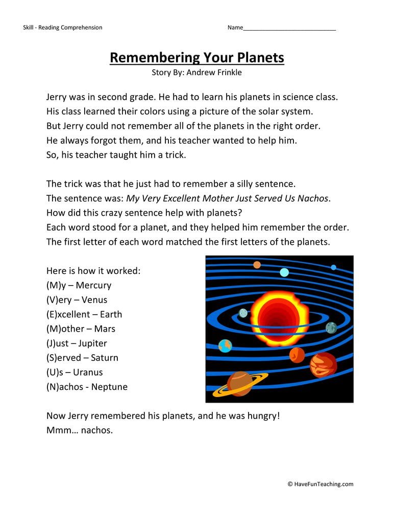Remembering Your Planets Reading Comprehension Worksheet